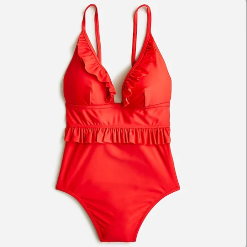 J. Crew NWT Ruffle Plunge One-Piece Swimsuit - Bright Cerise Red